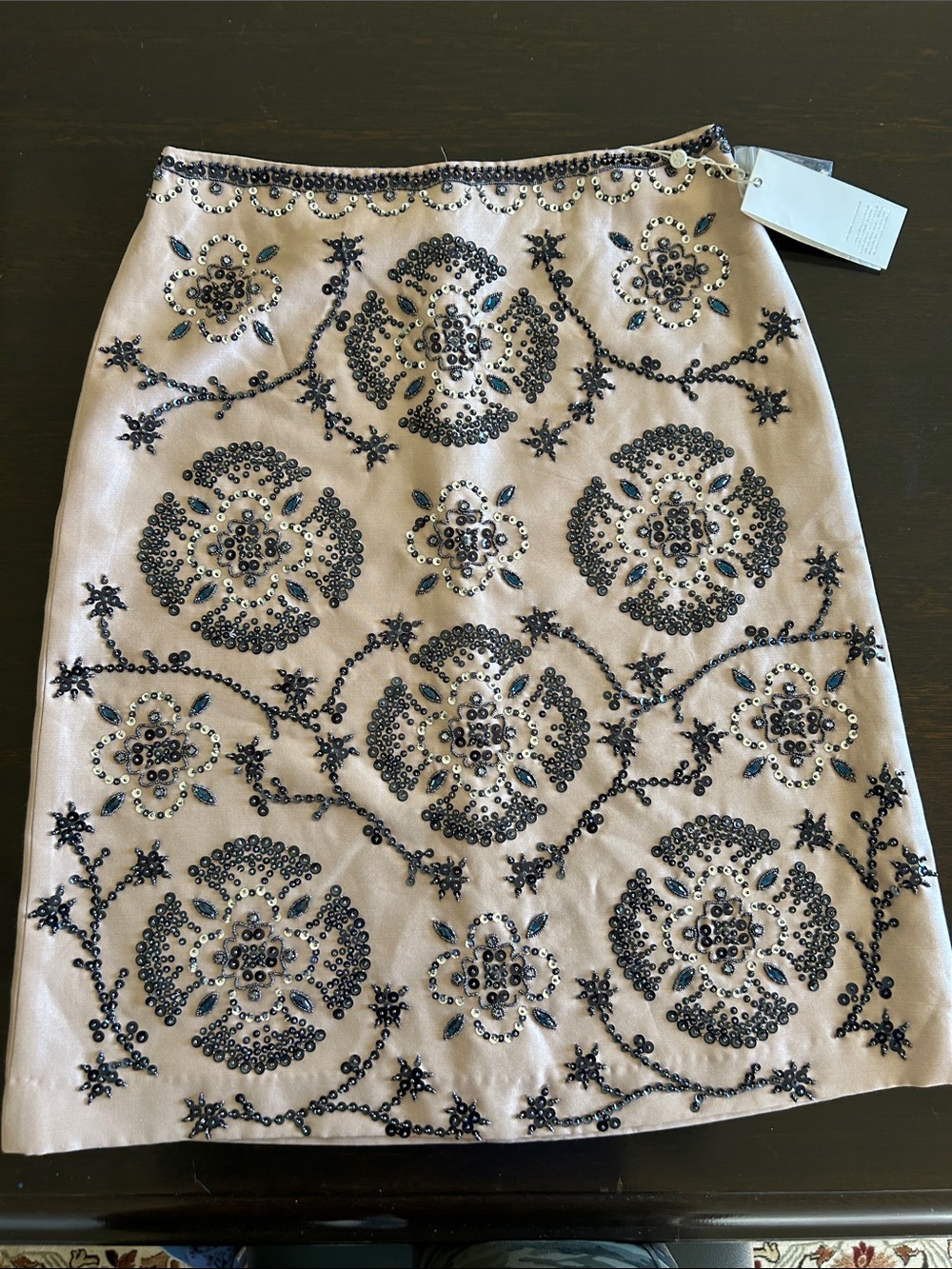 NWT Tory Burch Blush Silk Champagne Pencil Skirt with Beaded Floral Motifs Size